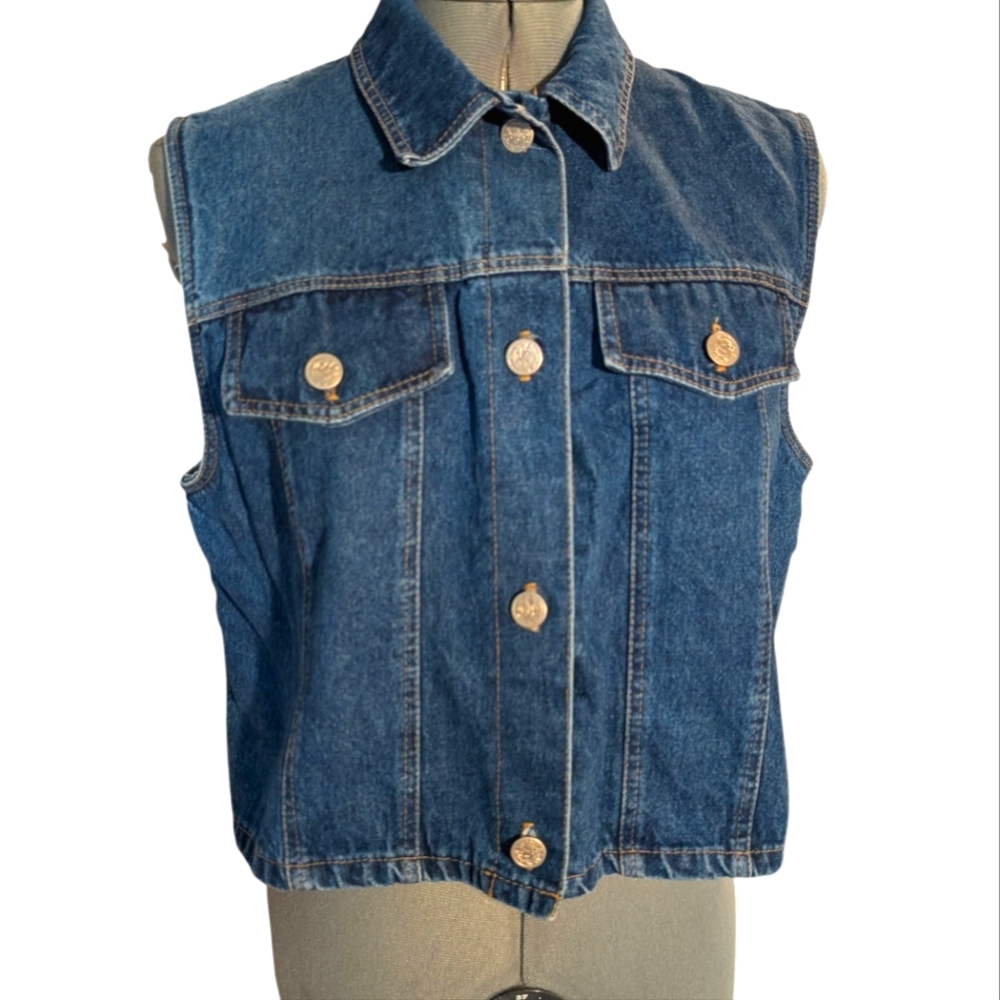 iz California Vintage Y2K Blue Denim Cropped Denim Jean Vest Women's Large